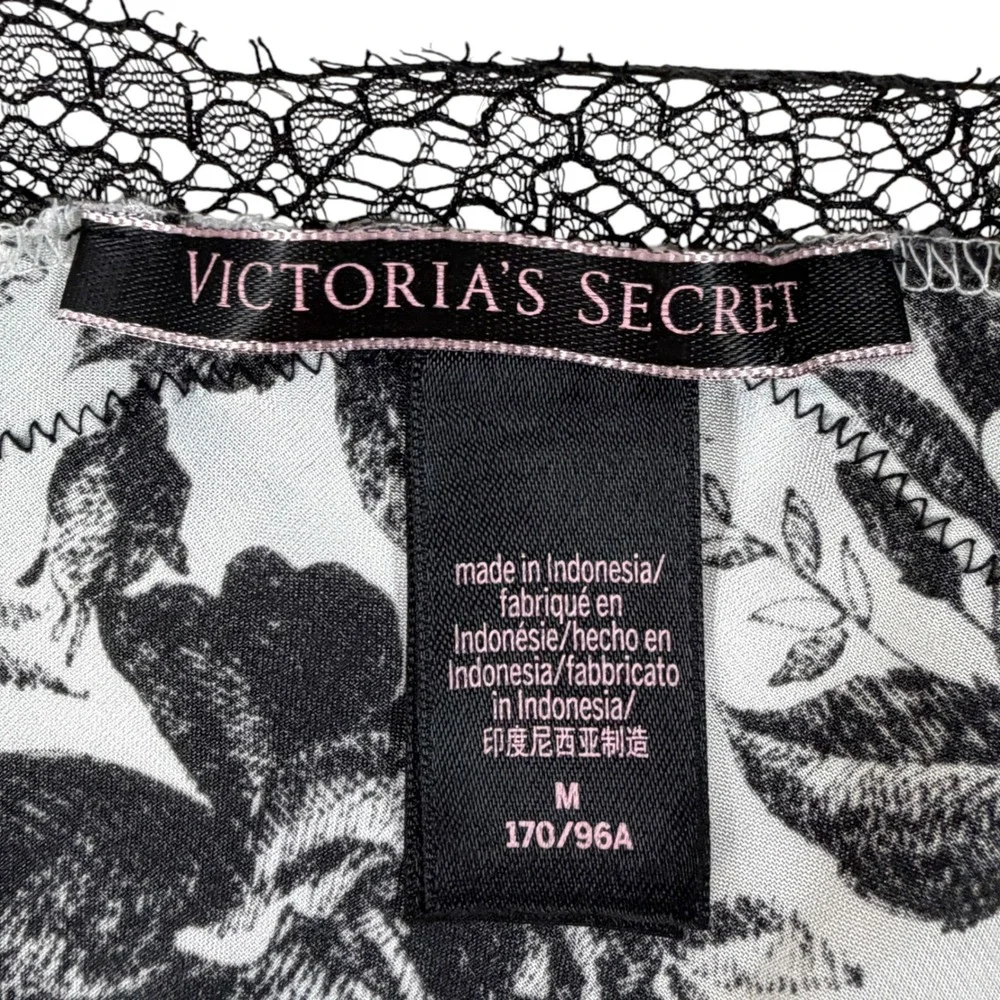 Victorias Secret Black White Floral Lace Trim Satin Slip Dress Nightgown Medium